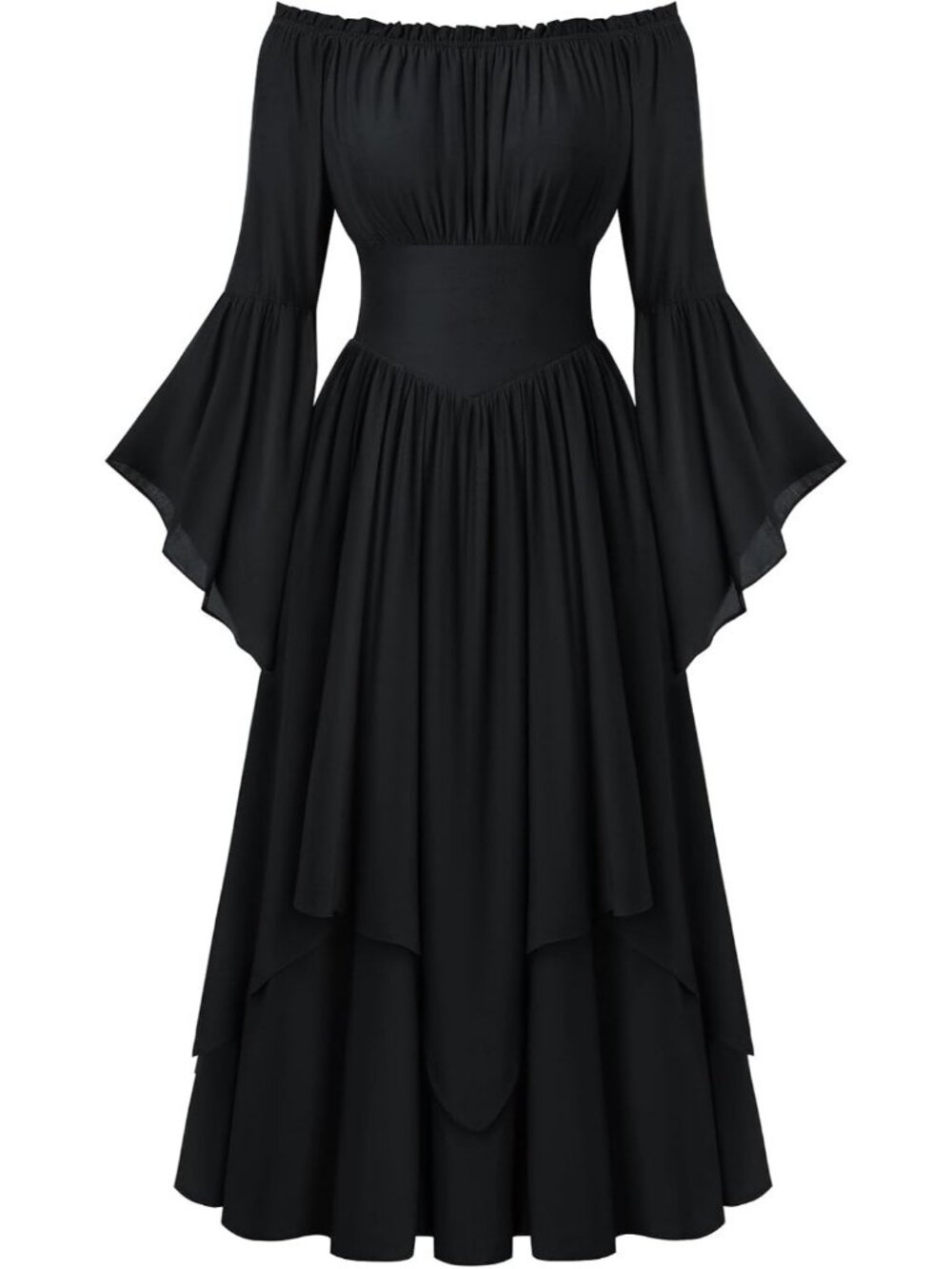 Women's Black Renaissance Maxi Dress Off Shoulder Bell Long Sleeve Halloween